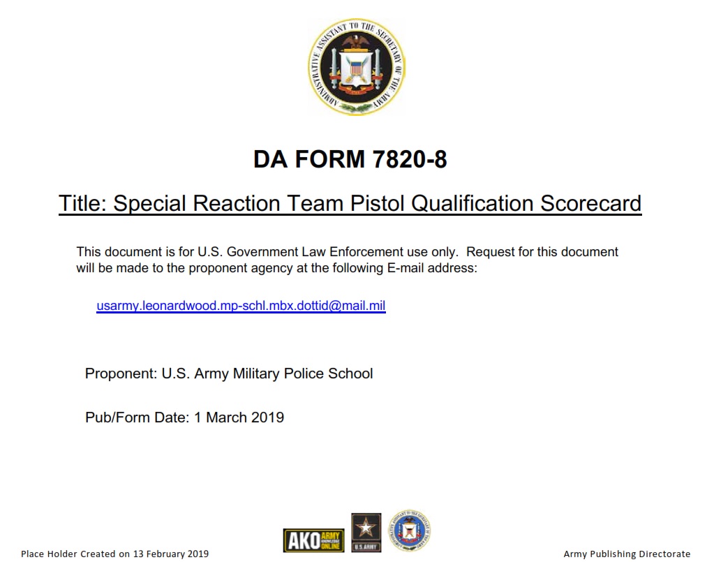 DA FORM 7820-8 - Special Reaction Team Pistol Qualification Scorecard