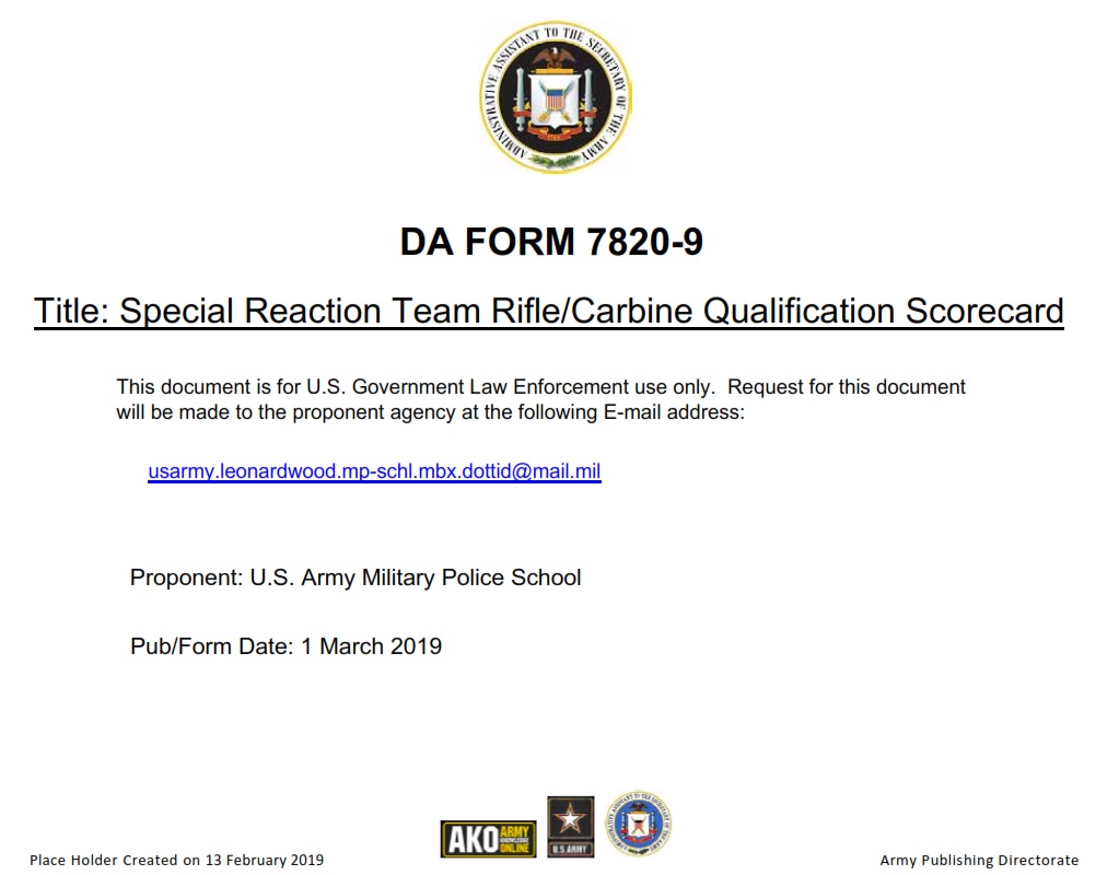 DA FORM 7820-9 - Special Reaction Team Rifle-Carbine Qualification Scorecard