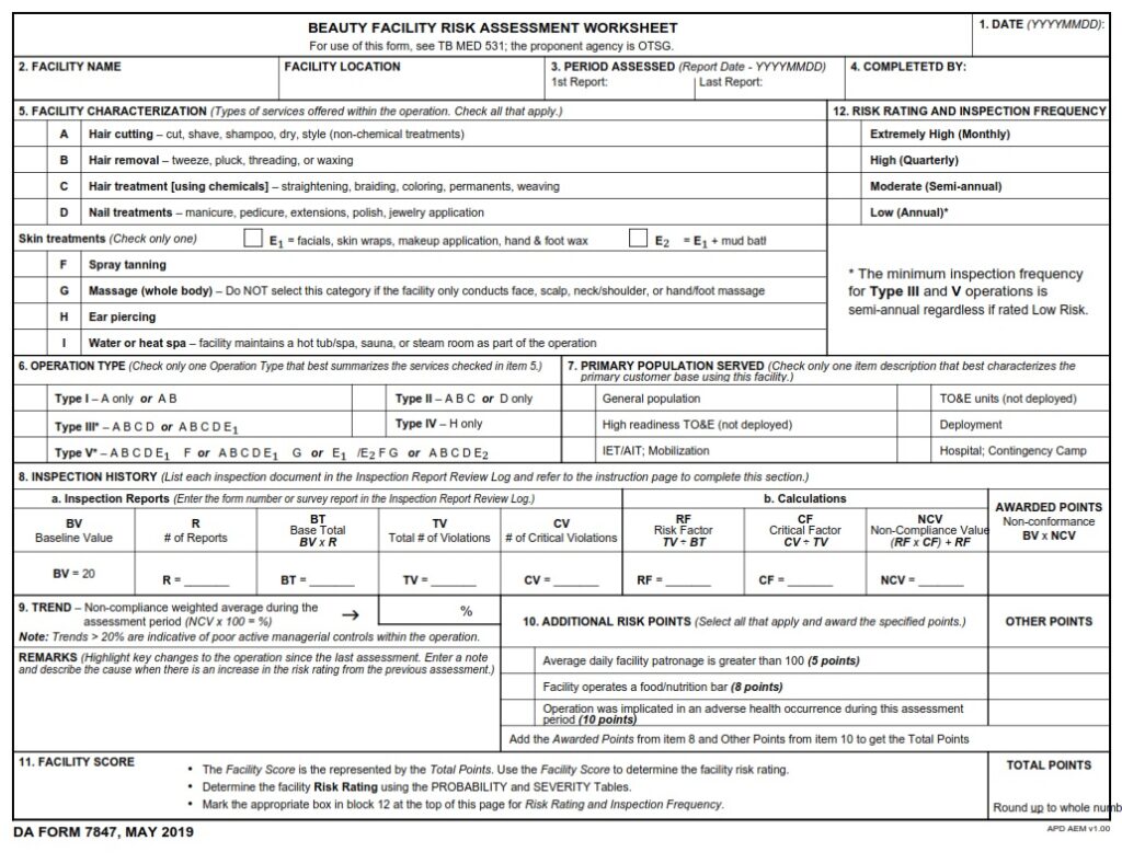 DA FORM 7847 - Beauty Facility Risk Assessment Worksheet