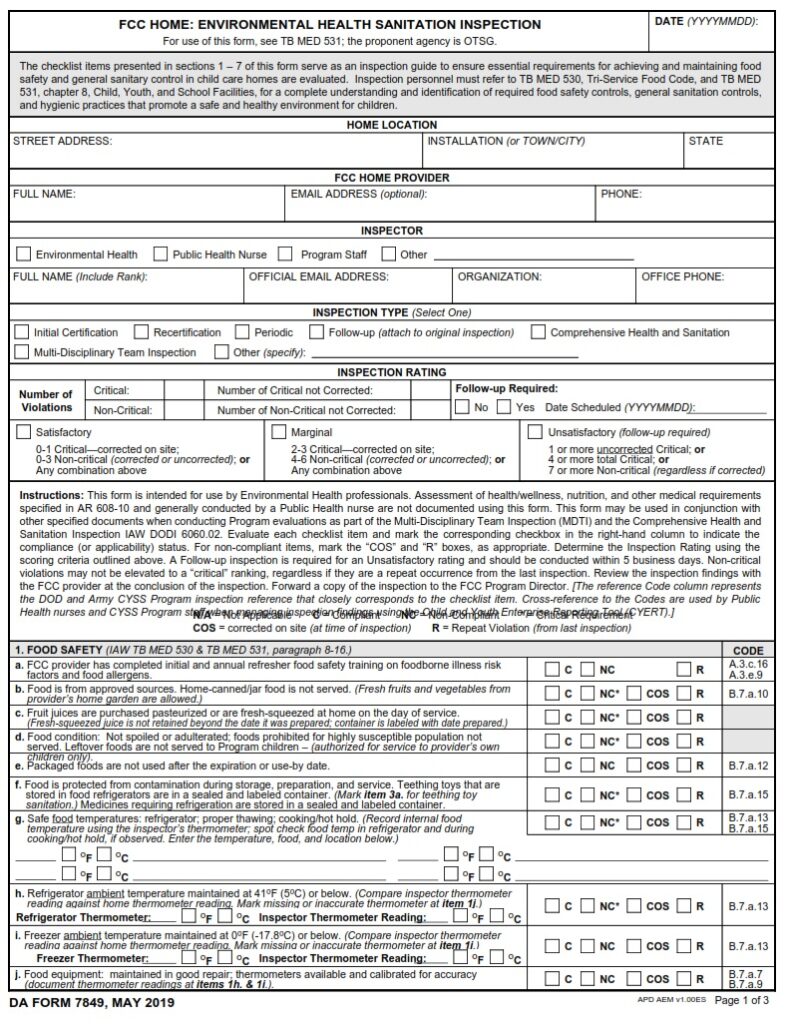 DA FORM 7849 - FCC Home- Environmental Health Sanitation Inspection