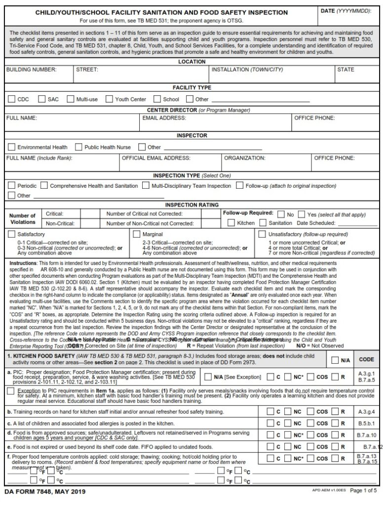 DA FORM 7848 - Child/Youth/School Facility Sanitation And Food Safety Inspection