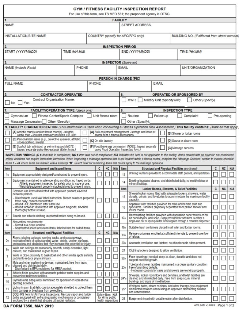 DA FORM 7850 - Gym - Fitness Facility Inspection Report