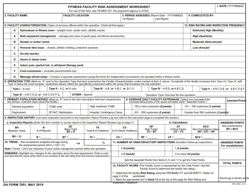 DA FORM 7851 - Fitness Facility Risk Assessment Worksheet