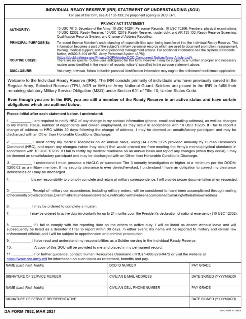 DA FORM 7852 - Individual Ready Reserve (IRR) Statement Of Understanding (SOU)