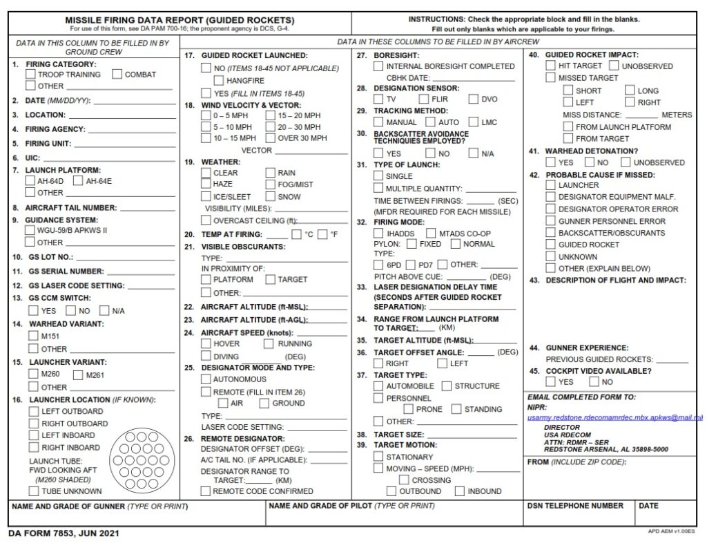 DA FORM 7853 - Missile Firing Data Report (Guided Rockets)