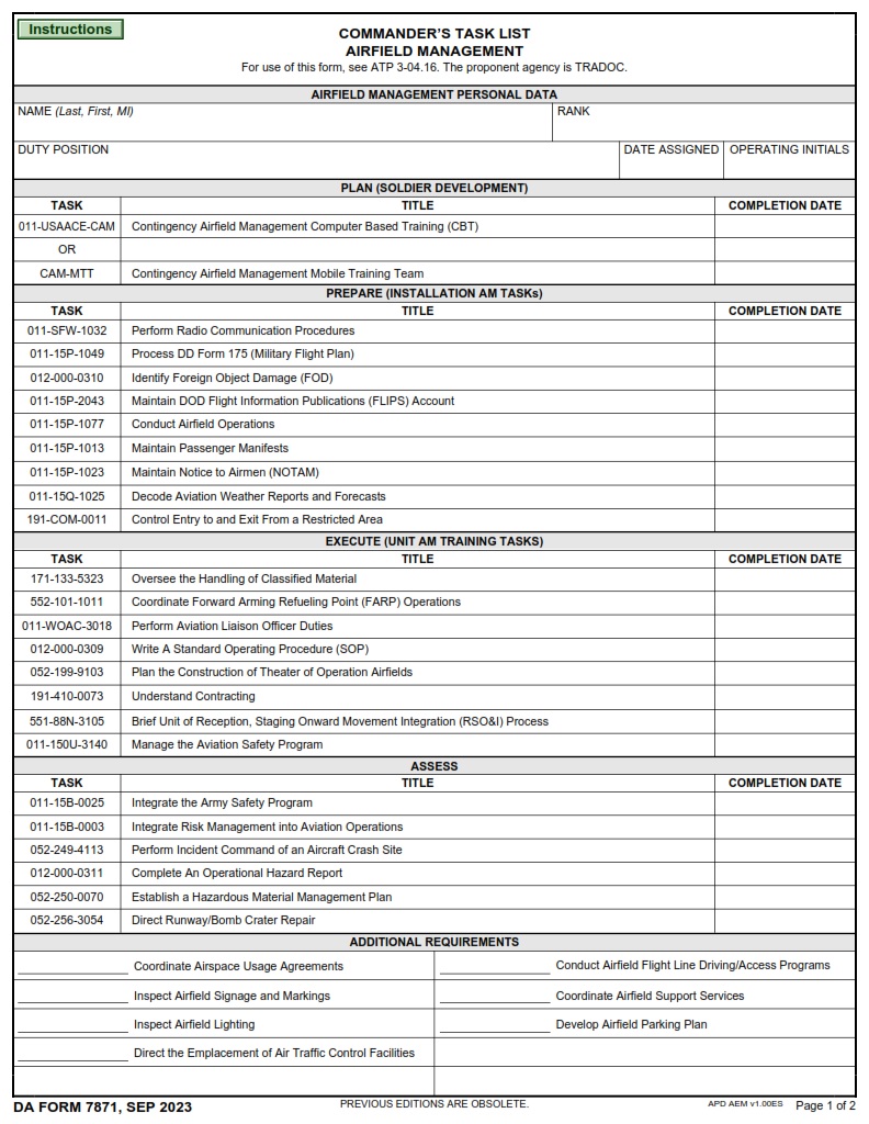 DA FORM 7871 - Commander's Task List Airfield Management