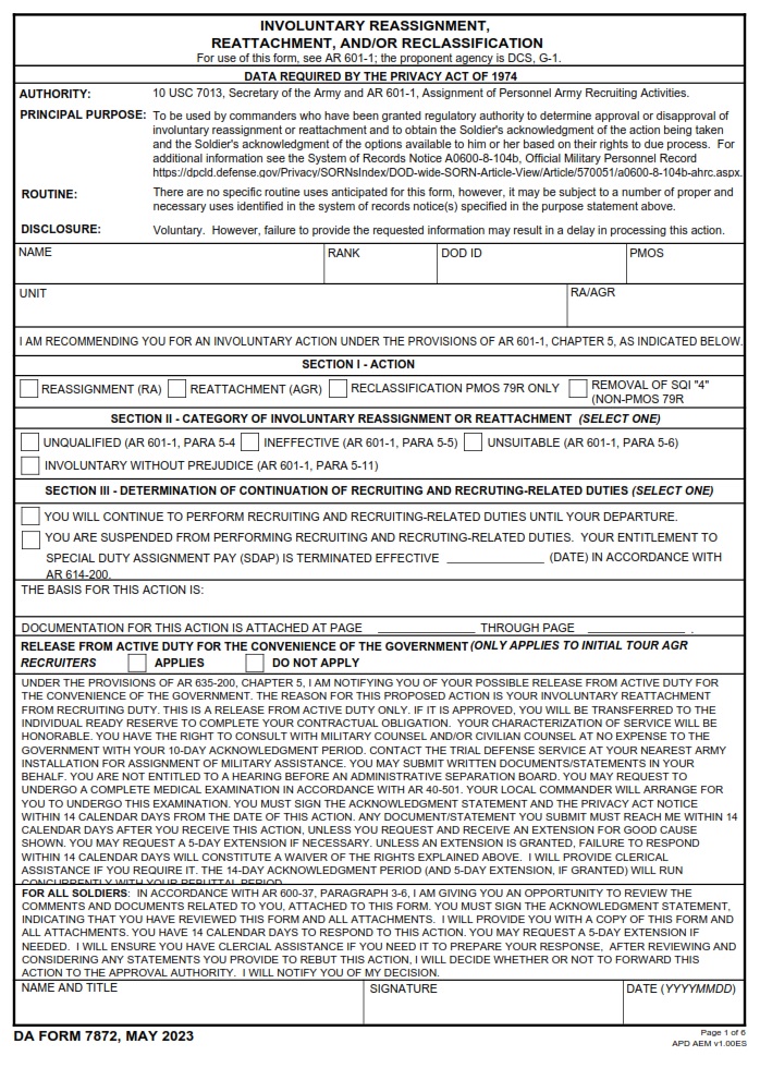 DA FORM 7872 - Involuntary Reassignment, Reattachment, and-or Reclassification