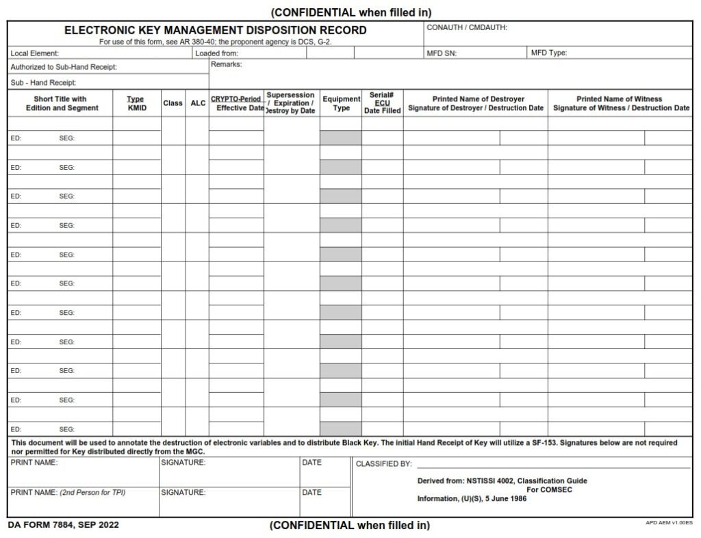 DA FORM 7884 - Electronic Key Management Disposition Record