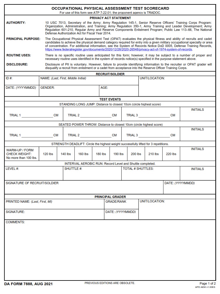 DA FORM 7888 - Occupational Physical Assessment Test Scorecard