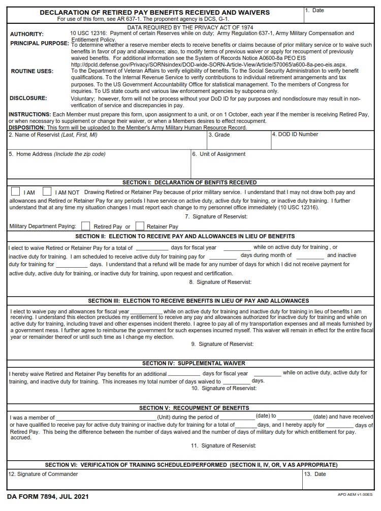 DA FORM 7894 - Declaration Of Retired Pay Benefits Received and Waivers