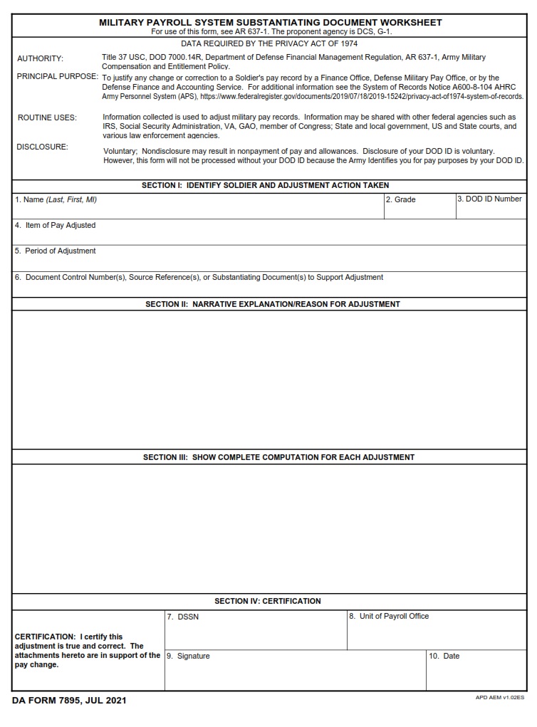 DA FORM 7895 - Military Payroll System Substantiating Document Worksheet