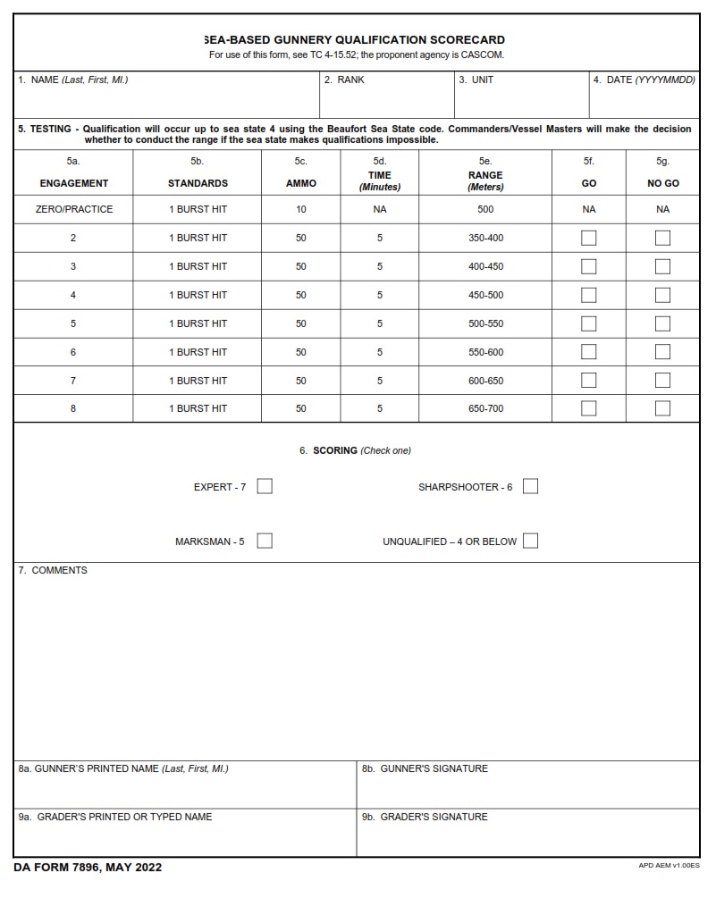 DA FORM 7896 - Sea-Based Gunnery Qualification Scorecard