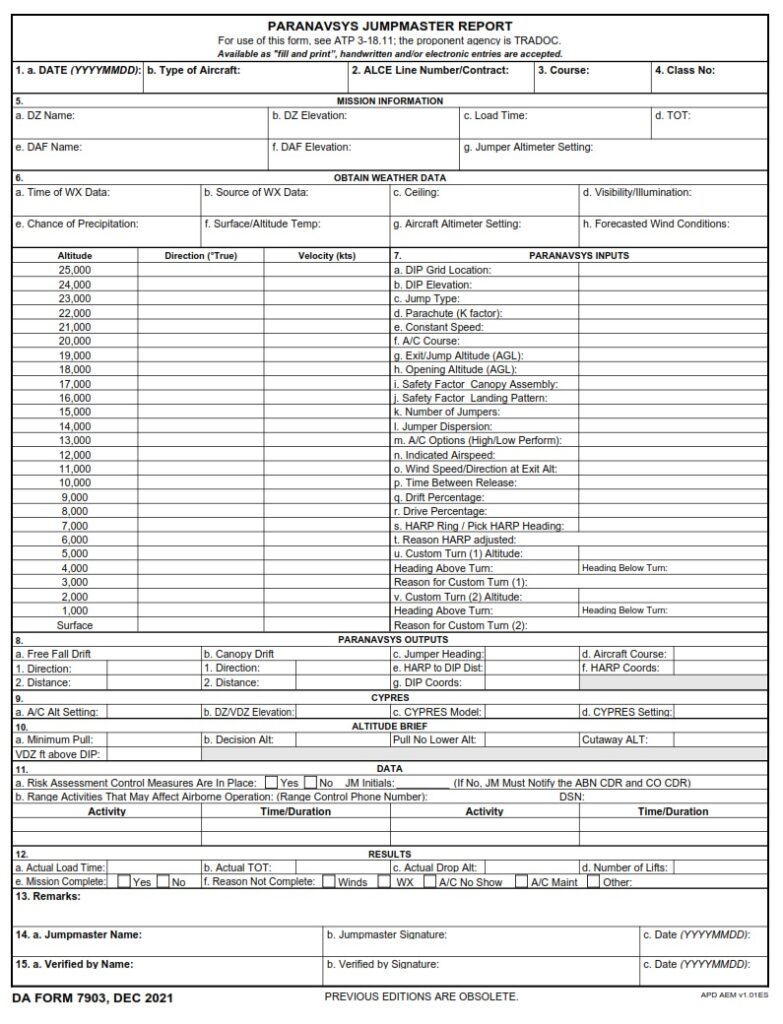 DA FORM 7903 - Paranavsys Jumpmaster Report