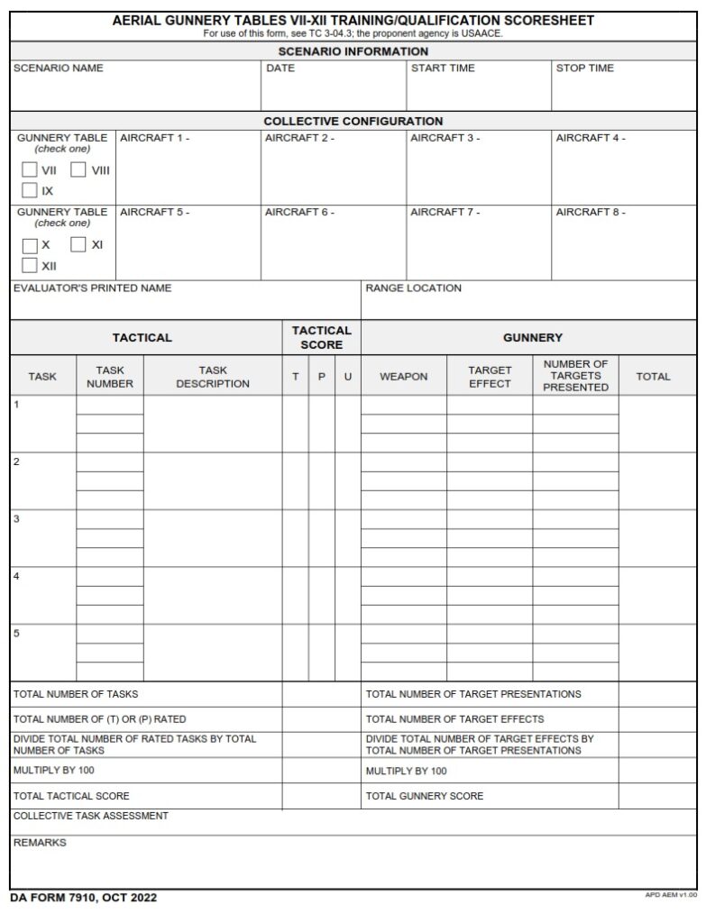 DA FORM 7910 - Aerial Gunnery Tables VII-XII Training-Qualification Scoresheet