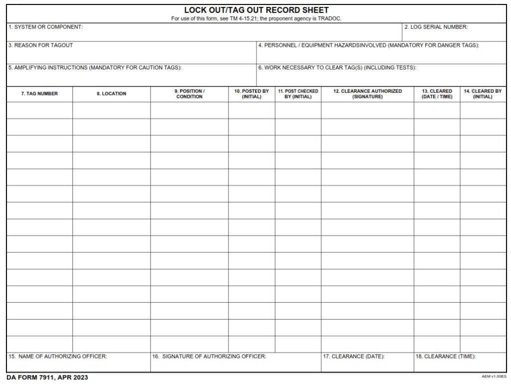 DA FORM 7911 - Lock Out-Tag Out Record Sheet