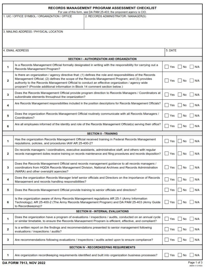 DA FORM 7913 - Records Management Program Assessment Checklist