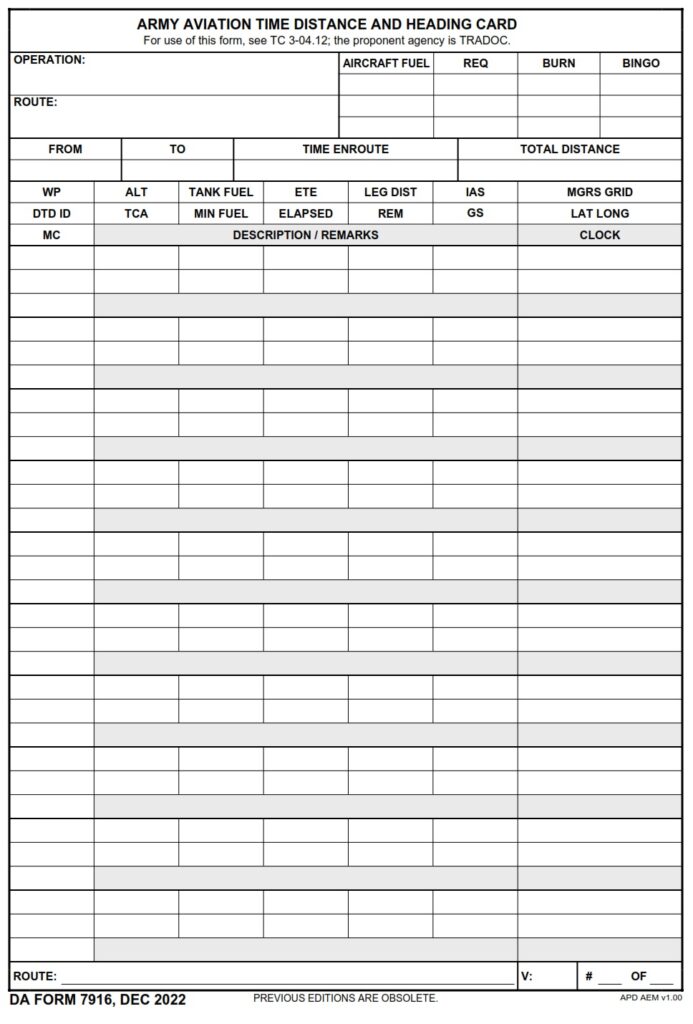 DA FORM 7916 - Army Aviation Time Distance and Heading Card