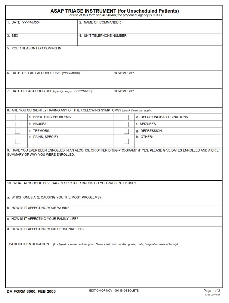 DA FORM 8000 - ASAP Triage Instrument (For Unscheduled Patients) - Page 1