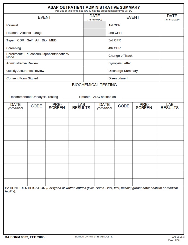 DA FORM 8002 - ASAP Outpatient Administrative Summary - Page 1
