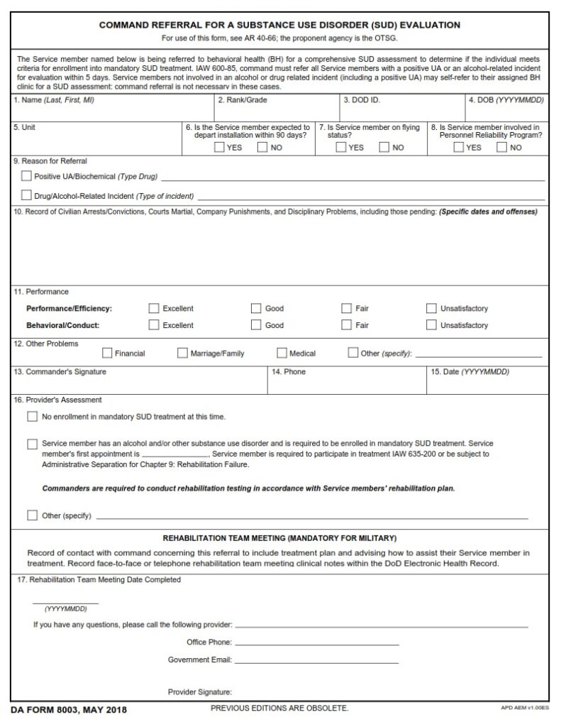 DA FORM 8003 - Command Referral For A Substance Use Disorder (SUD) Evaluation
