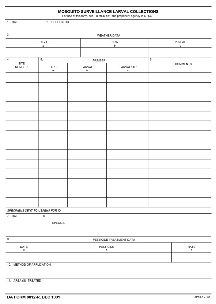 DA FORM 8012-R - Mosquito Surveillance Larval Collections (LRA)