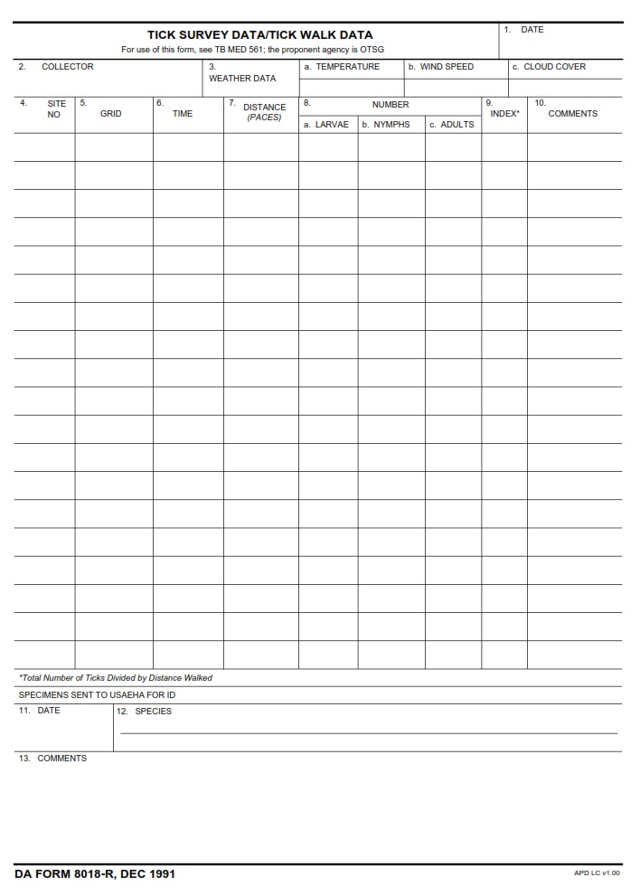 DA FORM 8018-R - Tick Survey Data, Tick Walk Data (LRA)