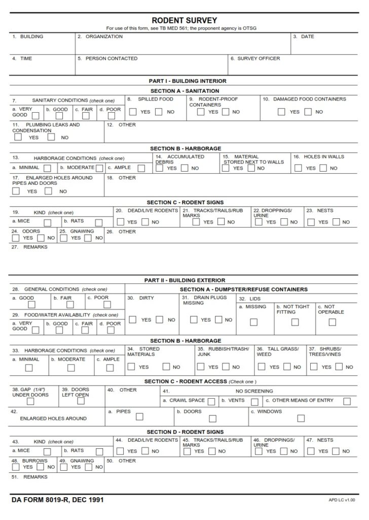 DA FORM 8019-R - Rodent Survey (LRA)