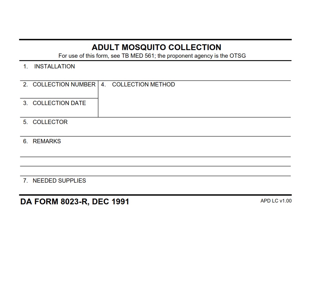 DA FORM 8023-R - Adult Mosquito Collection (LRA)
