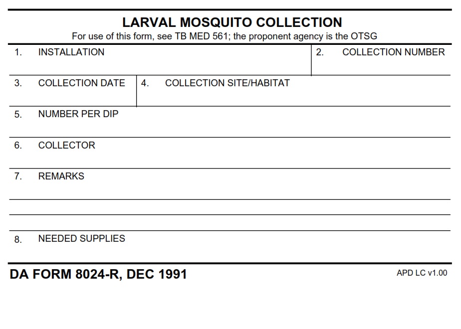 DA FORM 8024-R - Larval Mosquito Collection (LRA)