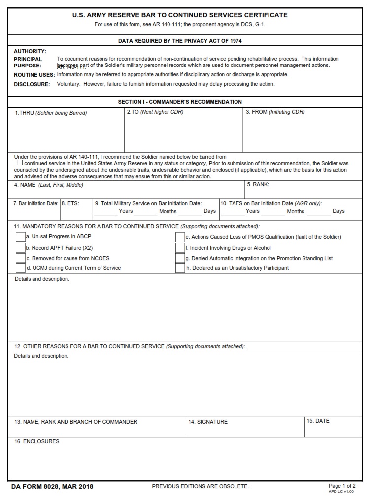 DA FORM 8028 - U.S. Army Reserve Bar To Continued Services Certificate - Page 1