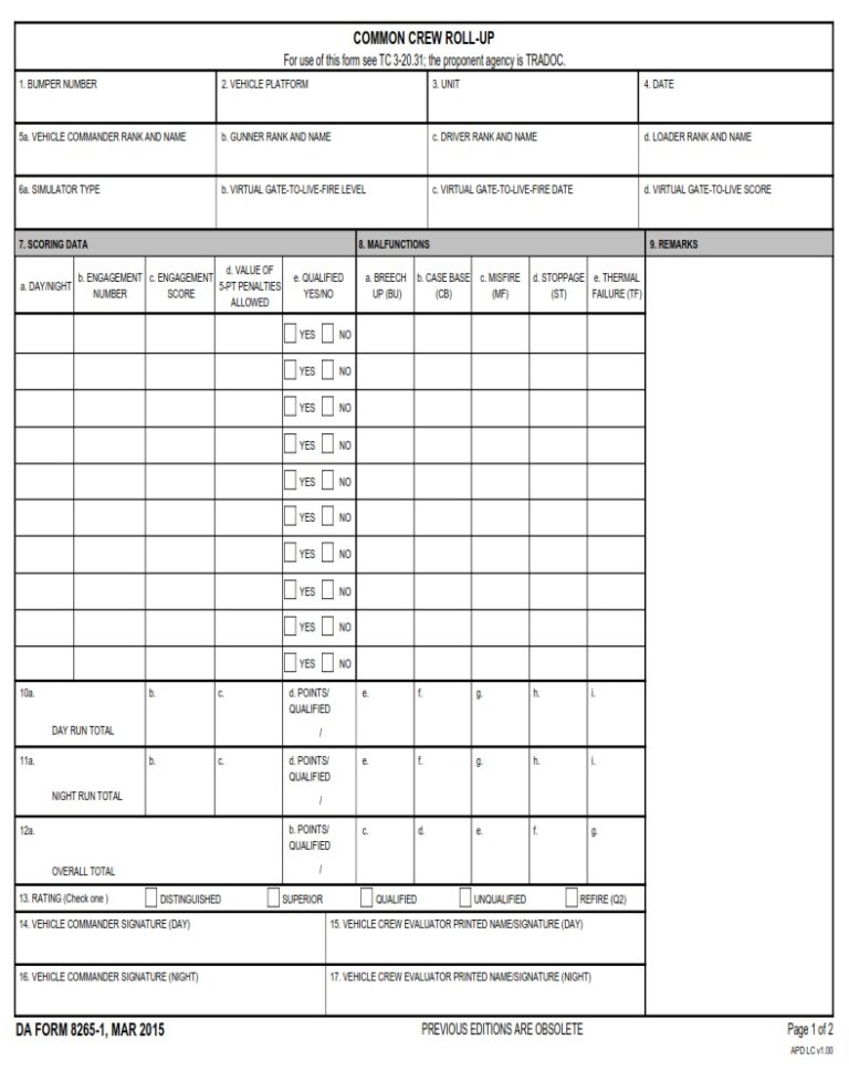 DA FORM 8265-1 Fillable - Army Pubs 8265-1 PDF | DA Forms 2024